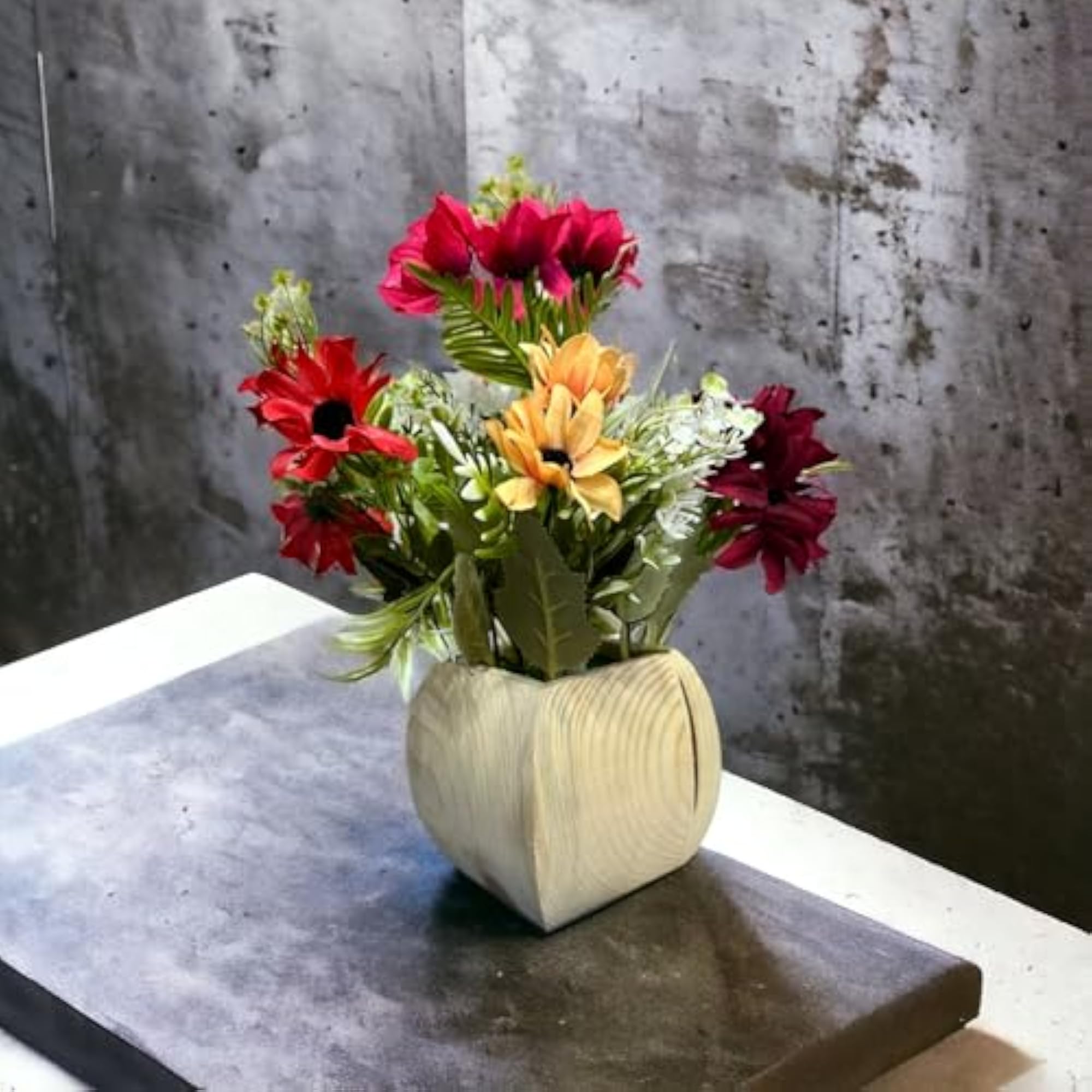 Wooden Pot with Multi-Design Dry Artificial Flowers, Elegant Décor Gift