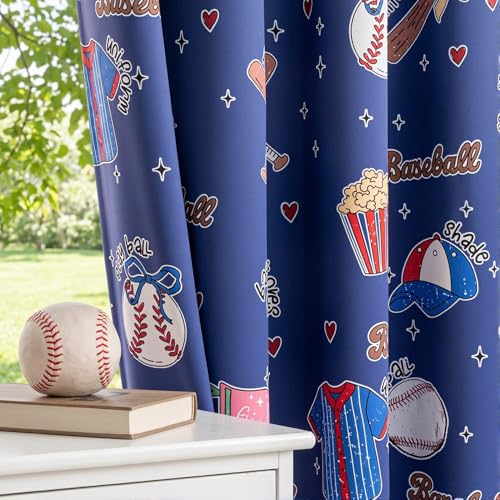 Image of MYSKY HOME Navy Blue Blackout Curtains 84 Inch Long 95% Light Blocking Thermal Insulated Grommet Window Curtains with Baseball-Related Patterns for Boys Kids Nursery Bedroom Playroom, W52, 2 Panels