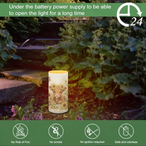 Image of Poceacles Flameless LED Candle Battery Powered Votive Lights Realistic Pillar Candle Decorative Tea Lights for Home Party Indoor Outdoor Decor, Highland Cow Sunflower Butterfly