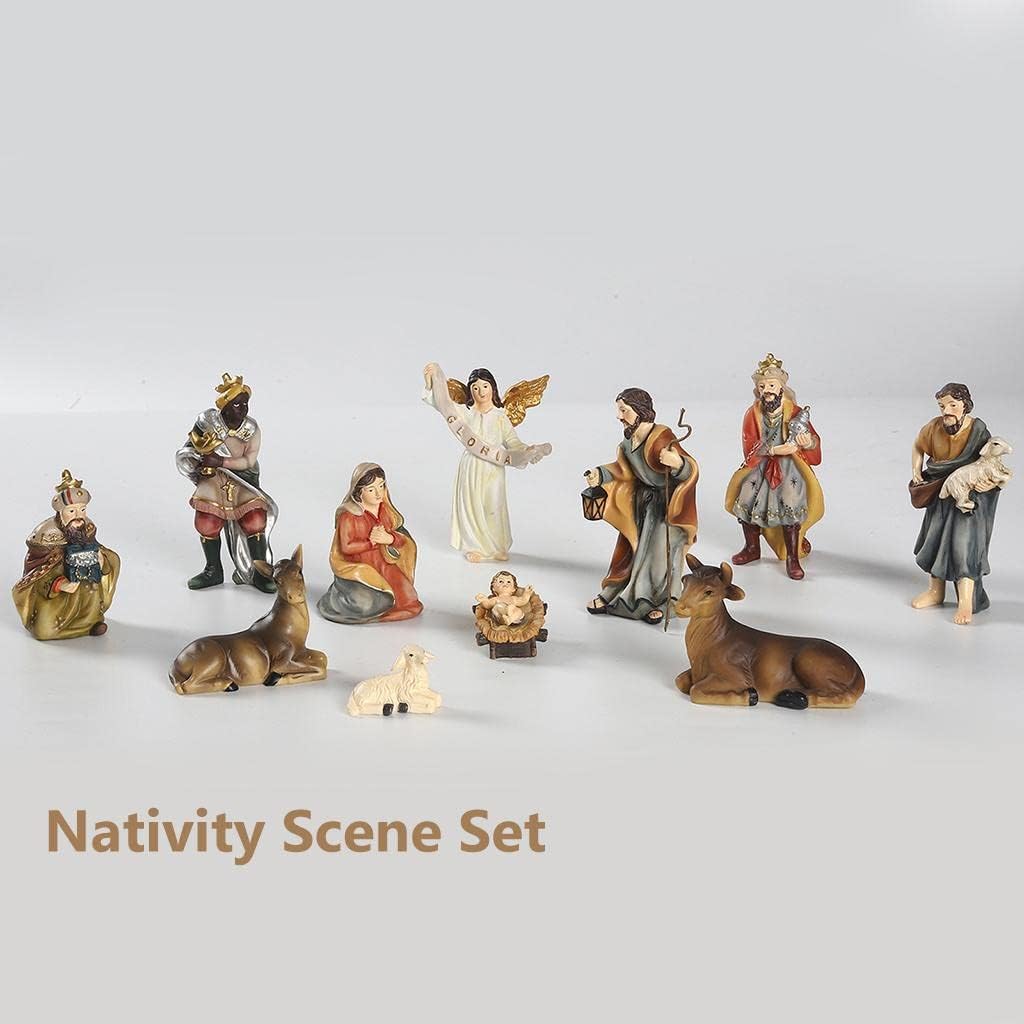 pistro 11-Piece Nativity Set, Includes Holy Family, Three Kings, Ox and Sheep, 4" H, Resin, Decorative Figures