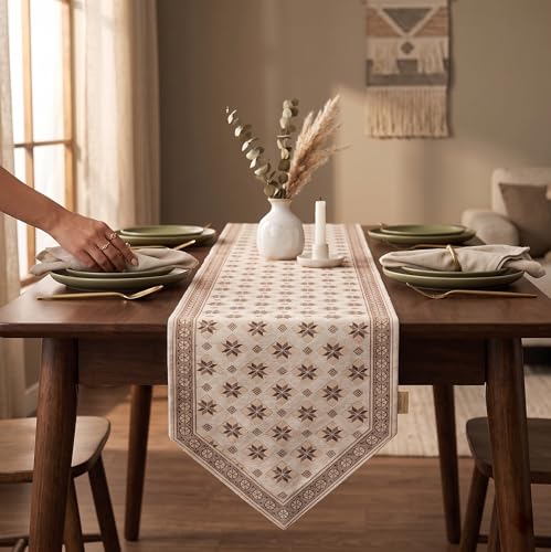 Image of Premium Dining Table Runner | Washable Farmhouse Style Heat Resistant Table Cover for 4 & 6 Seater | Elegant Home & Coffee Table Decor | Soft Viscose Rayon & Cotton | 13x72 Inch | Beige