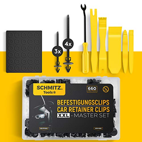 Befestigungsclips Auto + Auto Demontage Werkzeuge Set von SCHMITZ.Tools [700 Teile] Hebelwerkzeug Auto - Kfz Werkzeug - Auto Zubehör Innenraum - Auto Clips - Klips - Spreiznieten - Befestigung Clips