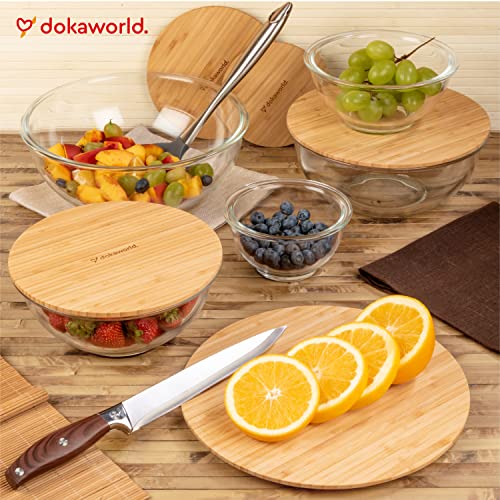 Glass Mixing Bowls - Nesting Bowls - Cute Collapsible Glass Bowls With Lids Food Storage - 5 Stackable Microwave Safe Glass Containers - Salad Bamboo Mixing Bowls - Baking Glass Bowls Set For Kitchen #TOP7