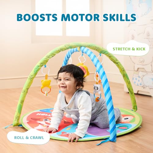 Image of Amazon Brand - Supples Baby Play Gym Mat | Activity Play Gym with Hanging Toys | 2-in-1 Baby Mat for 2+ Months | Animal Print | Multicolor | Soft Baby Bedding