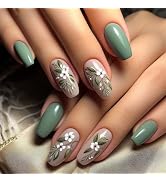 Green Flower Press on Nails Spring Summer Fake Nails, Medium Coffin Press on Nails Flower False N...