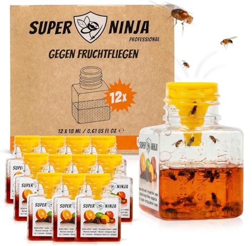Super Ninja Fruchtfliegenfalle für Innenbereich – 12er-Pack, Wirksame Obstfliegenfalle für Haushalt und Küche, bis zu 3 Wochen Leistung pro Flasche, Kinder-und haustierfreundlich