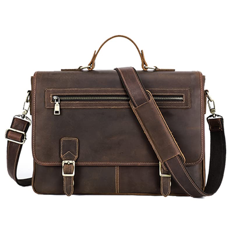 Retro leather cowhide mens crossbody bag, leather 14.2 inch handheld laptop bag business bag briefcase
