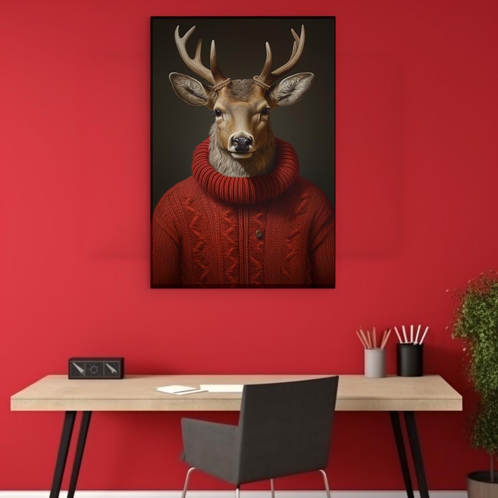 Canvas for Living room. Alert and Focused: A Majestic Deer in a Cozy Red Sweater Against the Night, 27 x 18 inch Canvas Wall Art - Ready to Hang - 69x46 cm (27x18 inch)