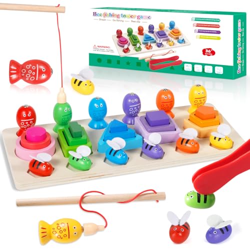 SVIPDDD Juguetes magnéticos Montessori para Edades de 3 años en adelante,Juguetes de Madera,Juego de Pesca con imán, Juguetes y Regalos Ideales, Incluye Torre de Aprendizaje y caña de Pescar