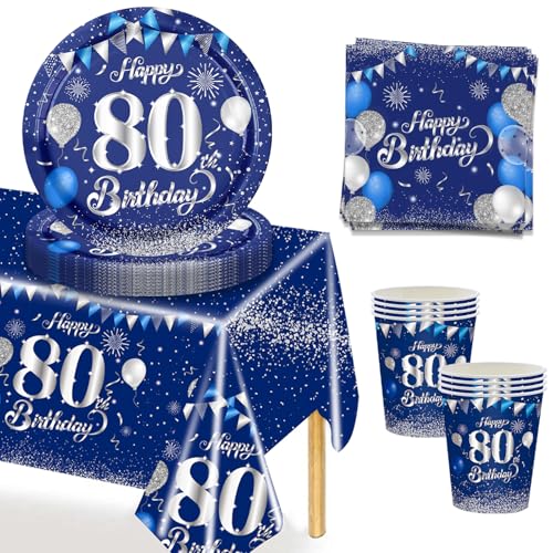 MORAINJAY Navy Blue Silver 80th Birthday Tableware Set with Plates, Napkins, Tablecloth - Party Supplies Table Decor for Him, Men, Adults