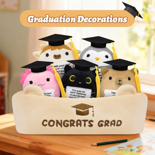 Image of 6 Pcs Emotional Support Plush Set,Graduation Stuffed Animal 2026 with Basket & Graduations Words,Cute Graduation Plush for Kids Men Women,Graduation Gifts for Kindergarten,High School College