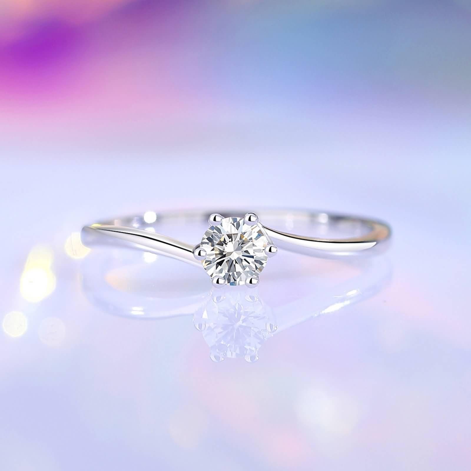 Edelstahl Ringe Damen Silber, Ringe Vintage Schmaler Solitärring mit Rundem Moissanit 0,3 Ct 14K Weißgold Größe 49 (15.6)