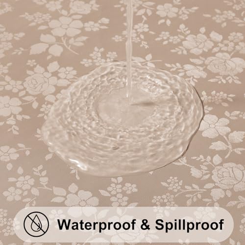 Image of Smiry Waterproof Heavy Duty Vinyl Fitted Tablecloth for 57 inch-68 inch Round Table | Elastic Plastic Table Cloth, Wipeable Washable Floral Patio Table Cover for Picnic, Kitchen and Dining, Khaki