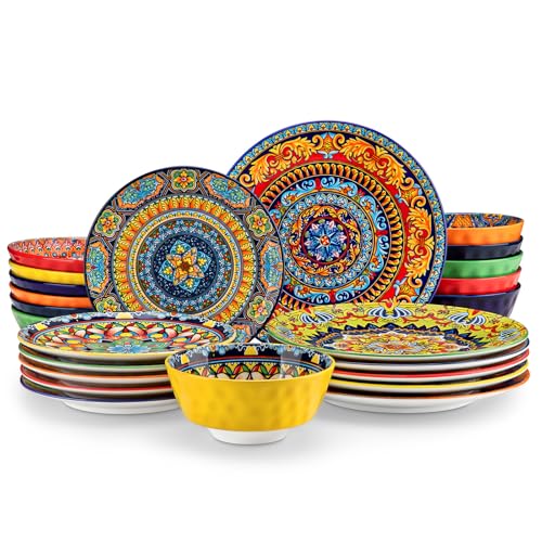 Image of vancasso 24 Pieces Plates and Bowls Set, Bohemian Style Dinnerware Sets Service for 6, Porcelain Boho Dishes Set for Kitchen, Housewaring Gift, Dishwasher and Microwave Safe, Series KRVI