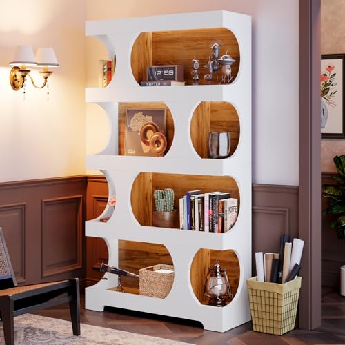 Image of Tribesigns 71 inch Tall Bookcase, 4-Tier S-Shaped Bookshelf, Wood Decorative Storage Shelving, Modern Freestanding Display Shelves, Large Library Book Shelf Unit for Home Office Living Room, White & Brown