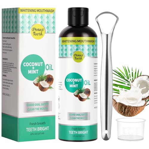 OFFCUP Enjuague Bucal Con Aceite De Coco, 237 ml Natural Aceite Blanqueador con Tongue Scraper, Coconut Oil Pulling, Blanquear los Dientes, Elimina El Sarro Y La Placa, 8 Fl.Oz