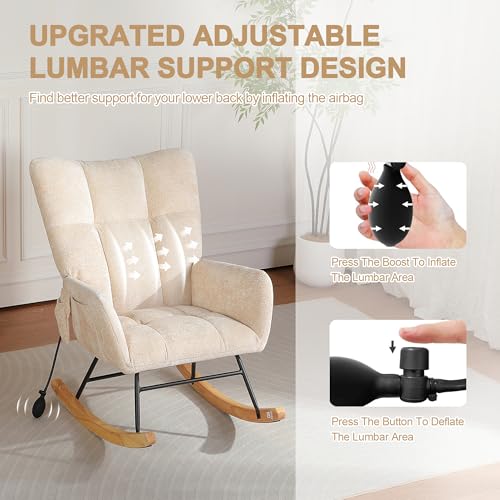 Image of Rocking Chair Nursery with Airbag, Comfy Modern Nursery Rocking Reading Chair Indoor, Cozy Upholstered Glider Rocker Chairs for Living Room Bedroom Offices, (Chenille, Beige)