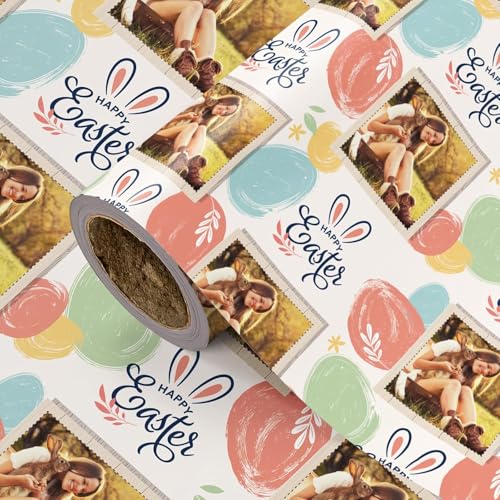 LeZakaa Custom Easter Wrapping Paper 17 x 196in, Personalized Photo Gift Wrap with Colorful Bunny Egg Design, Happy Easter Holiday Gift Wrap for Kids Family