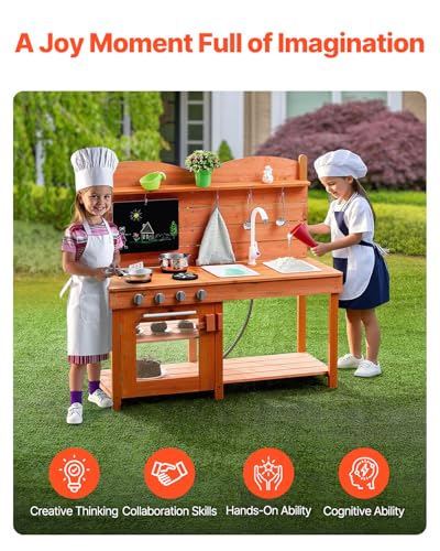 Image of VEVOR Wood Outdoor Play Kitchen for Kids, 41.3in Extra-Wide Design with Realistic Stoves, 2 Removable Sinks, Upgraded Faucet, Blackboard & Cookware Pots, Outdoor Mud Kitchen for Boys & Girls