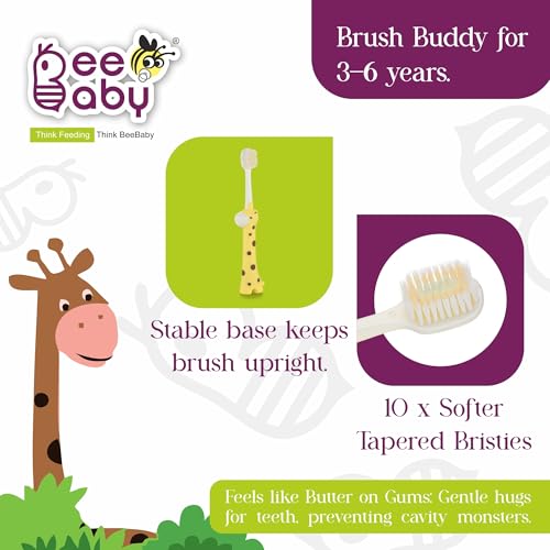 Image of BeeBaby Brush Buddy Baby Toothbrush for Kids 3-6 Years, Ultra Soft Tapered Bristles Toddler Toothbrush for Milk & Permanent Teeth, BPA Free Easy Grip Toothbrush for Sensitive Gums - Yellow Giraffe