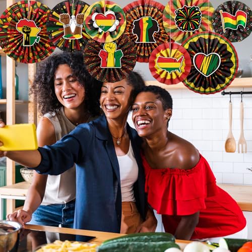 Image of Affrolling 18 Pack Juneteenth Party Decorations Including 9 Pcs Juneteenth Hanging Paper Fans and 9 Pcs African Heritage Sticker Kente Ceiling Wall Garland for African American Party