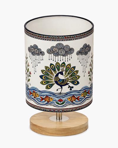 Image of Homesake Pine Table Lamp Wooden Bedside Lamp Simple Bedroom Light Linen Shade Mini Desk Lamp Nightstand Lamp for Bedroom, Living Room, Gift, (Madhubani Art of India Shade Cylinder)