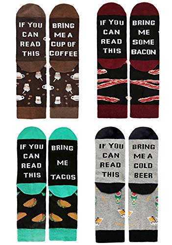 XIMIXI 4 Paare Spaß und Neuheit Socken für Herren Damen, Humorvolle Wörter Wenn Sie Dieses Lesen Können, Holen Sie Mir Kaffee-Bier-Speck-Tacos Unisex Baumwolle Crew Socken Geschenk, EU 38-44 Cover