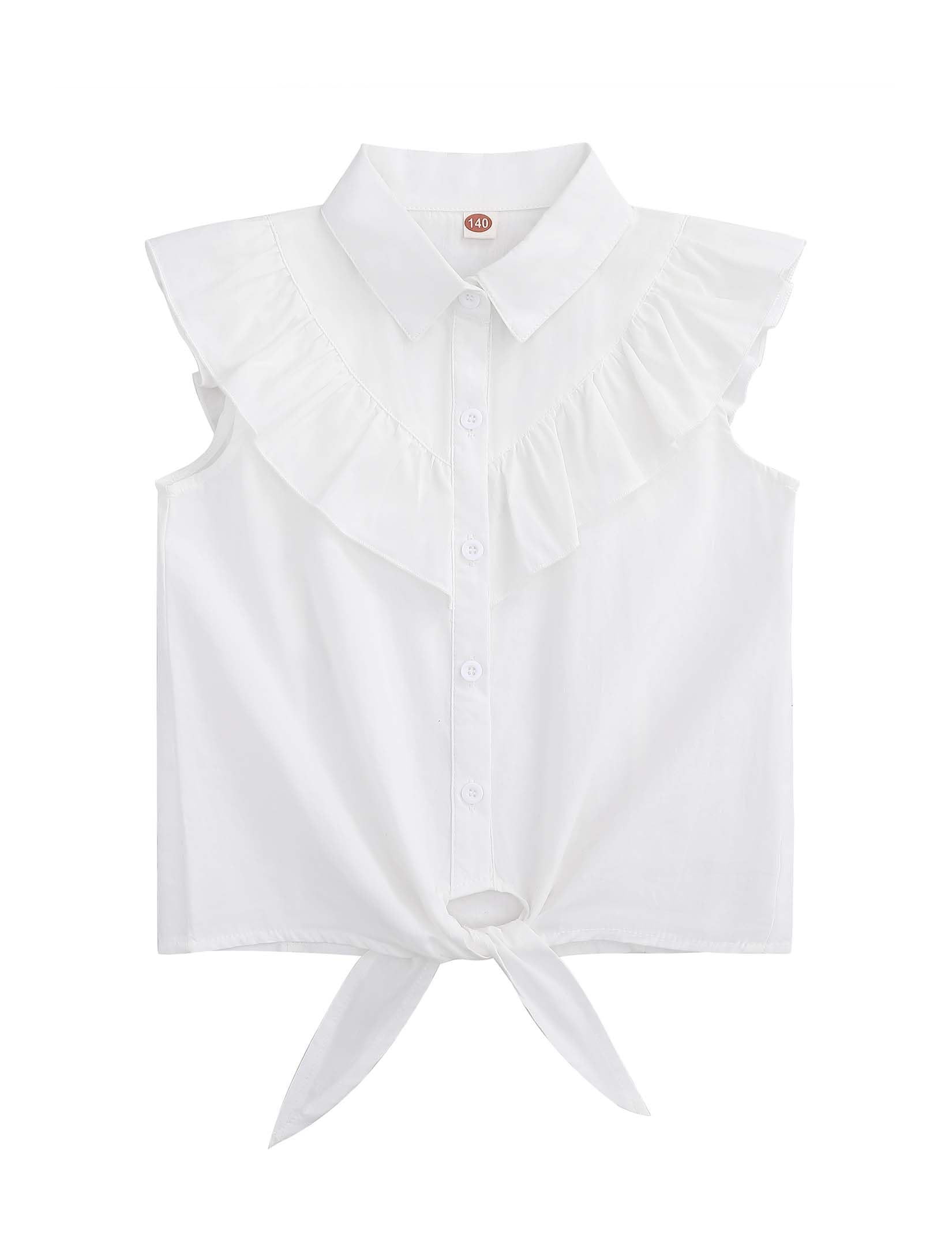 Girls Sleeveless Plaid Button Down Shirt Summer Crop Tops Tie Knot Ruffle Sleeve Shirt Blouse 3-12Y