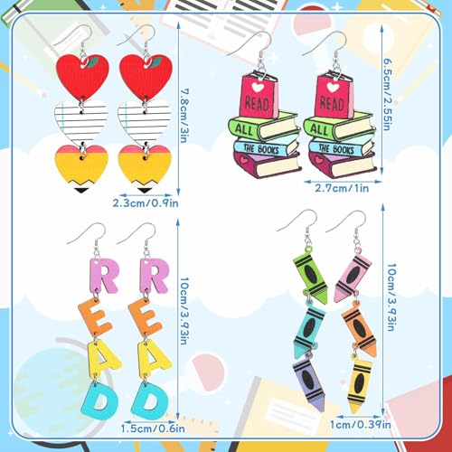 4 Pair Teacher Earrings for Women, Fun Pencil Book Reading Wooden Pendant Earrings Graduation Teacher's Day Gratitude Gift Back to School Jewelry3