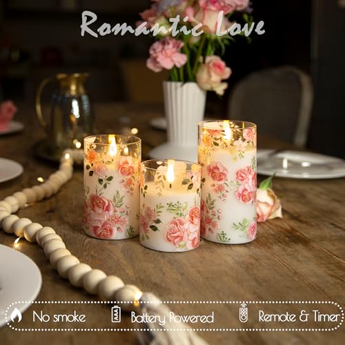 Image of LUSHARBOR Flameless Candles with Remote, Battery Operated Glass Candles Pink Rose Flickering LED Candles Real Wax Floral Christmas Decor Electric Pillar Candles Set of 3