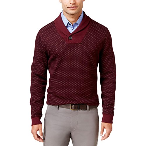 Tasso Elba Mens Pique Geometric Shawl-Collar Sweater Red M