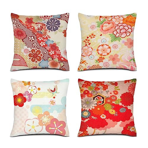 和風 和柄 花柄 クッションカバー 北欧 4枚セット シンプル 座布団カバー ソファ背当て 装飾枕カバー 抱き枕 おしゃれ 可愛い わふう 和柄 はながら 模様 はな柄(18x18Inch(45x45cm))