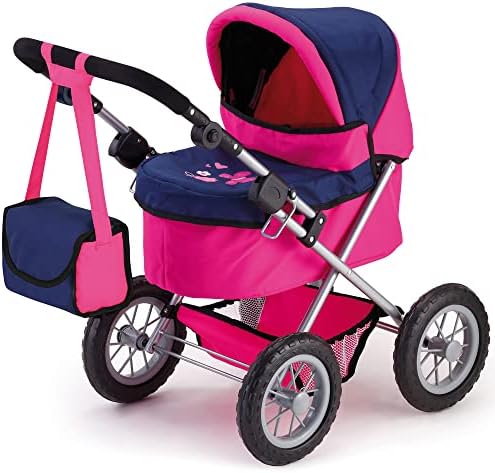 Bayer Design Dolls: Trendy Pram - Blue, Hot Pink, Butterfly - Includes Shoulder Bag, Fits Dolls Up to 18", Adjustable Handle, Kids Pretend Play, Shopping Basket, Easy to Fold, Ages 3+