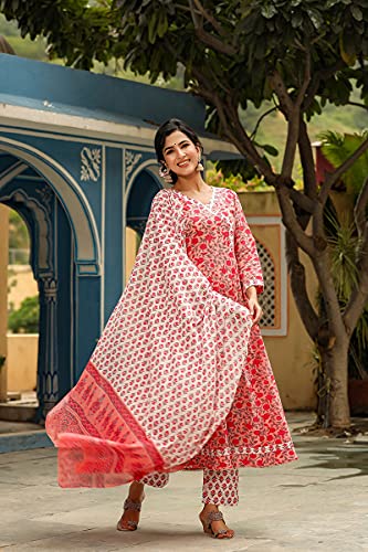 Image of Vaamsi Women's Pure Cotton Floral Printed Anarkali Kurta Set With Dupatta | kurta sets for woman