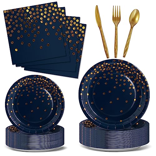Nkaiso Party Tableware 144 Pieces Navy Blue Gold Kids Birthday Party Plates Party Supplies Set Includes Paper Plates Napkins Reusable Cutlery for Birthday Decorations Christening Wedding -24 Guests