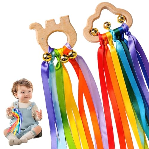 Anillos de Mordedor de Madera 2 Pcs Juguete de Dentición de Madera Juguete Sensorial con Cinta Suave Sonajero De Cinta De Arcoíris Para El Juego Sensorial Y El Gateo