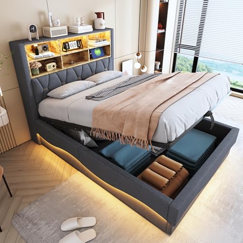 LAKFEW Camas Matrimoniales 140x200 cm con USB y Luz LED, Cama Matrimonio con Almacenamiento Hidráulico y Compartimentos Abiertos, Camas Juveniles Cama Doble con Sommier Metálico, Gris, Sin Colchon