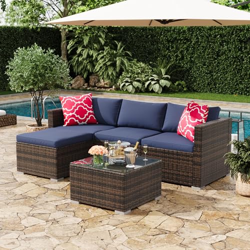 Image of GAOMON 5-Piece All-Weather Patio Furniture Set, Convertible Outdoor Sectional Sofa with Ottoman & Tempered Glass Table, PE Rattan Conversation Set for Garden, Backyard, Porch, Poolside