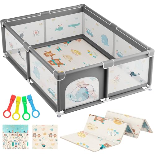 JUPPLIES Parque Infantil Bebe 150x180cm + Alfombra Bebe + 5 Agarraderas – Corralito Bebe con Malla Transpirable – Parque de Juegos Bebe Plegable con Puerta Lateral – Playpen Bebe - Gris