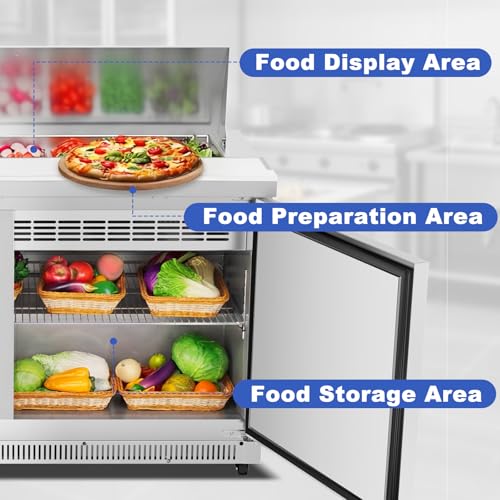 Image of Tylza 60 inch Commercial Refrigerator, 16.3 Cu.Ft Sandwich Pizza Prep Table, Mega Top Worktop Fridge w / 16 Pans & Cutting Board, 2-Door Stainless Steel Salad Prep Cooler for Restaurant & Food Truck