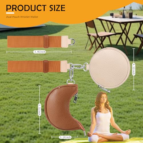Dual Pouch Wristlet Keychain Wallet Double keychain wallets Mini Pouch Coin Purse Women Coin Detachable Wrist Zip Bag (Pinkg&Brown)3