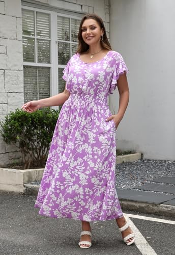 Image of Nemidor Womens Plus Size Boho Ditsy Floral Print Casual Smocked Flared Maxi Long Dress with Pocket