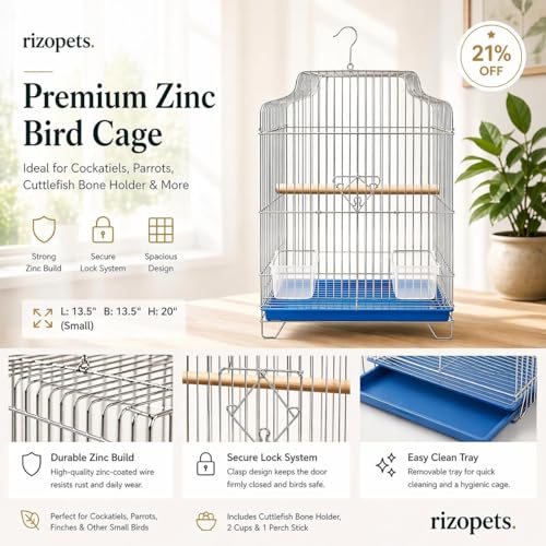 Image of Rizopets Hanging Bird Cage with Chrome Wire, Blue Plastic Tray, Wooden Perch and Feeding Cup, 13.5 x 13.5 x 20 INCHES