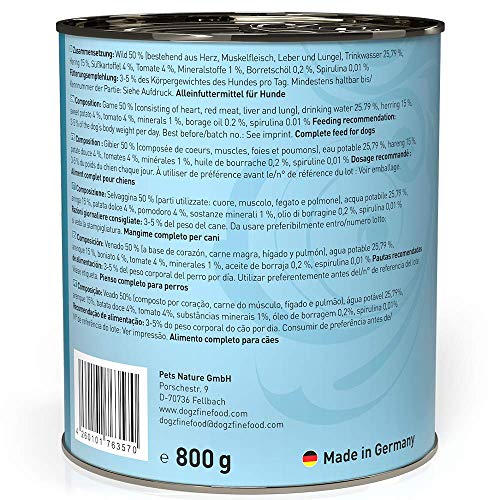 dogz finefood Hundefutter nass - N° 12 Wild & Hering - Feinkost Nassfutter für Hunde & Welpen - getreidefrei & zuckerfrei - hoher Fleischanteil, 6 x 800 g Dose