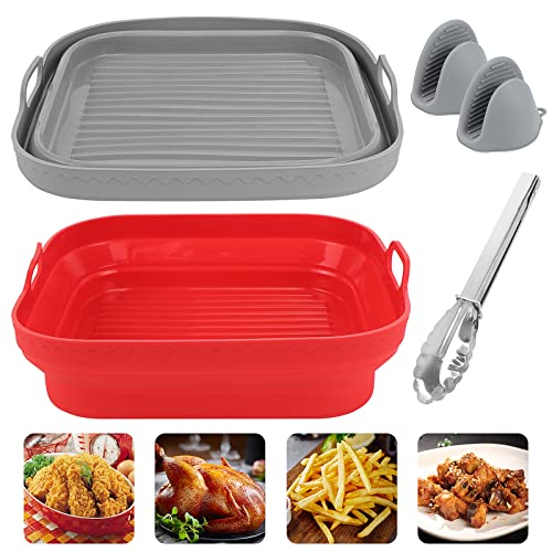 Zoyomax 2 Pcs Silikonform für Heißluftfritteuse, Faltbarer Air Fryer Silikon 21cm, Heißluftfritteuse Backform Silikon Wiederverwendbar mit Ofenhandschuhend und Servierzange für Mikrowelle Ofenzubehör Cover