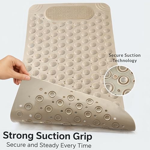 Image of HOMEZE Rectangular Anti Skid Bath Mat, 70 X 35, Beige | Foot Scrubber, Suction Cups, Drain Holes, Silicone, For Kids & Adults