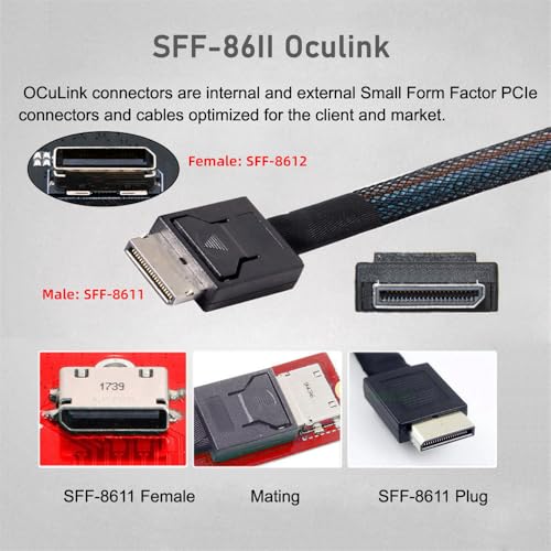 Image of xiwai Down Angled 90 Degree Connector Dual Shield OcuLink PCIe 4.0 PCI-Express SFF-8611 4i Male to SFF-8611 Male Data Active Cable for External eGPU SSD, 80cm