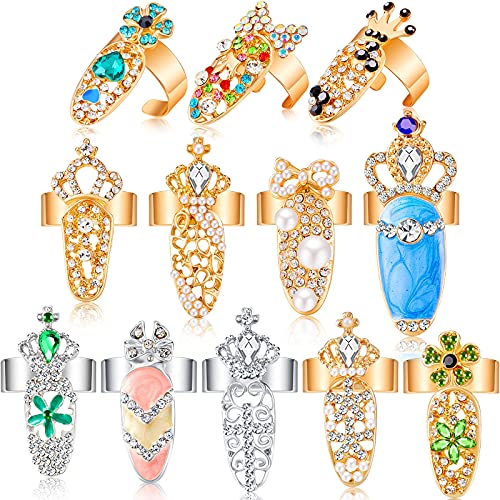 12 Pieces Rhinestone Nail Ring Women Finger Nail Ring Crystal Nail Cover Ring Finger Decoration Rings Flower Nail Charm Jewelry