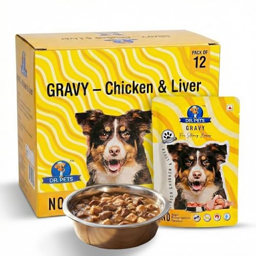 Image of Dr.Pets Gluten & Preservative Free Dog Wet Food (Gravy) | Balanced Meal with High Protein Chicken & Liver Chunks for Adult Dogs & Puppies | No Added Sugar & Paraben | 85 g (Pack of 12)