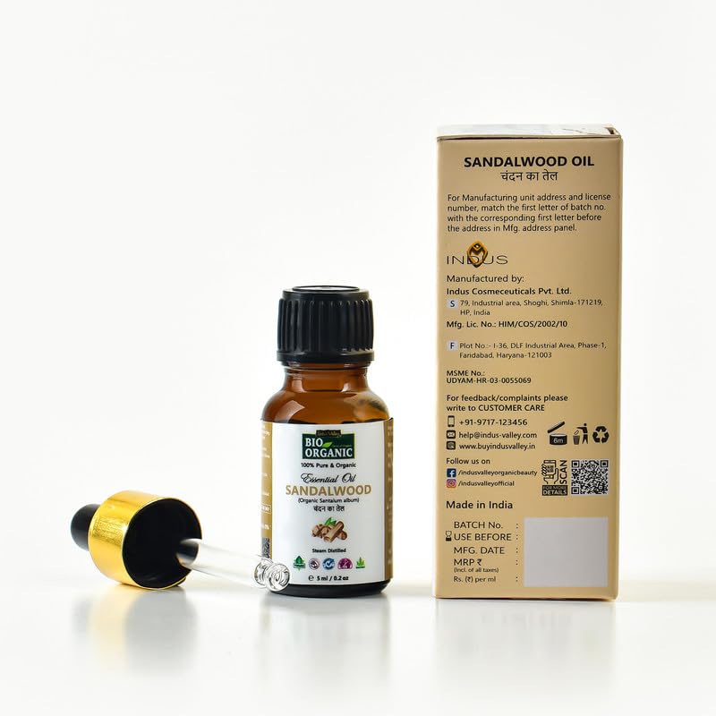 INDUS VALLEY 100% Pure Natural Halal Certified Sandalwood Essential Oil Hair care Skin Face Care Aromatherapy Oil, 5ML